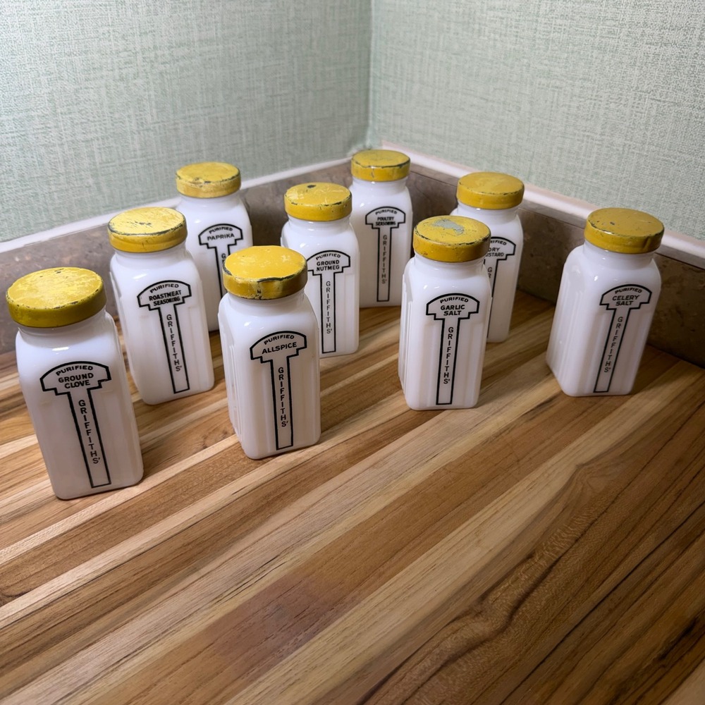 Vintage Griffiths Milk Glass Spice Jars Set of 9 White Art Deco Yellow Lids